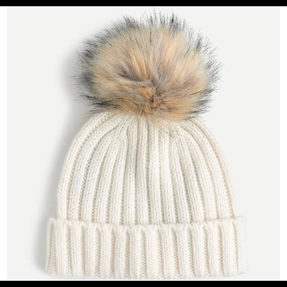 J.Crew Womens Ribbed Beanie With Faux-Fur Pom-Pom